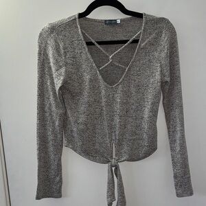 Stylish Heather Gray Long Sleeve Tie-Front Top